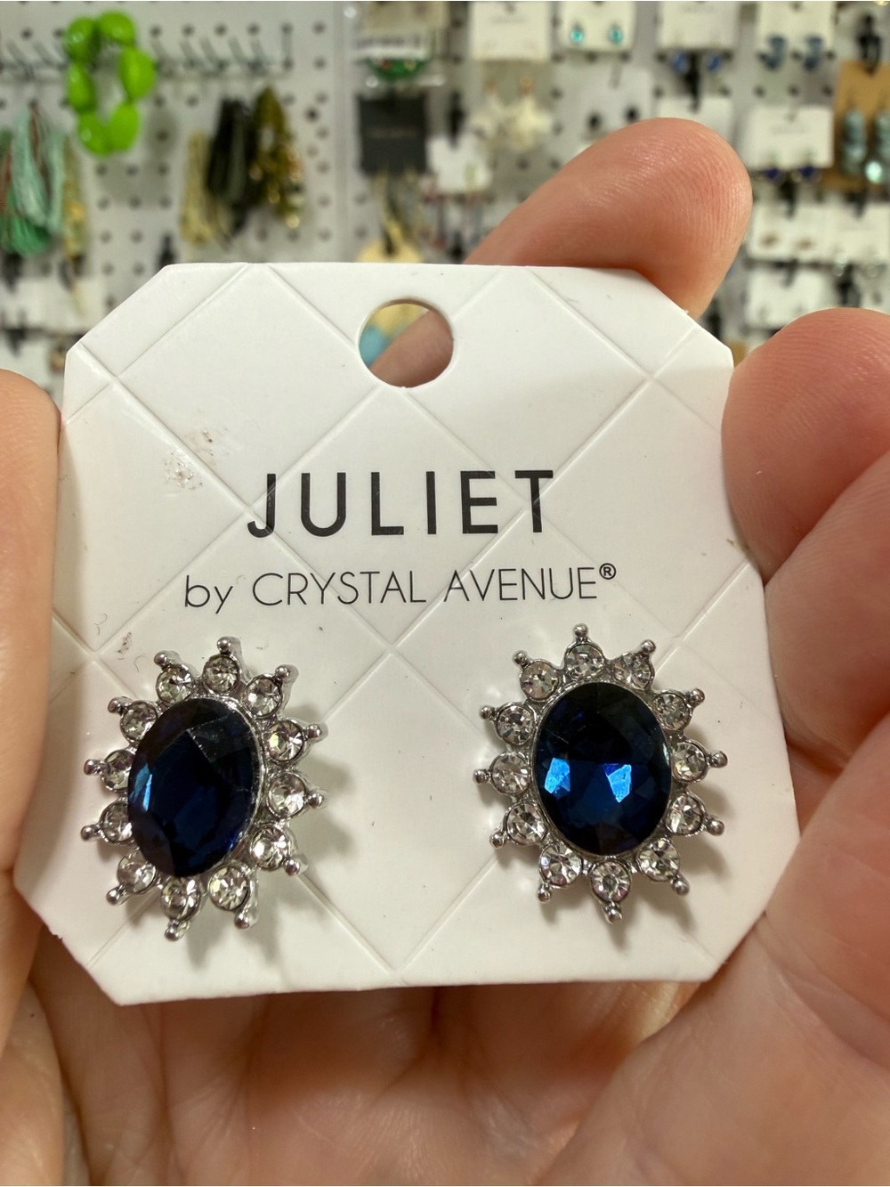 Juliet by Crystal Avenue Navy Oval Crystal Halo Stud Earrings